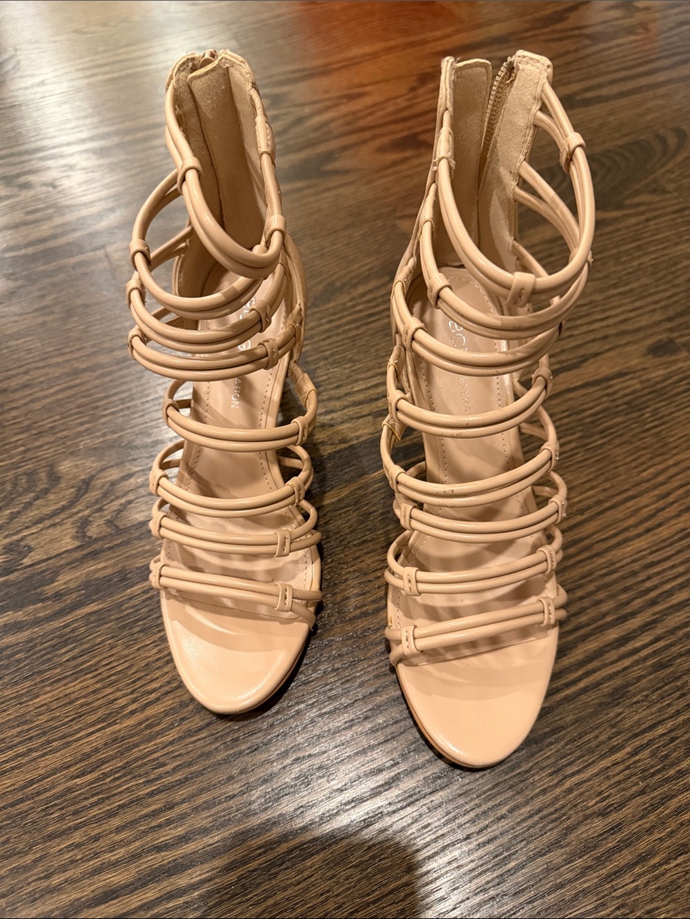 BCBGeneration Nude Strappy Cage High Heel Sandals